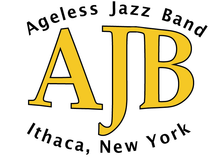Revised Jazz Band logo contains the words Ageless Jazz band above and Ithaca, New York below the capital letters of A, J, B.